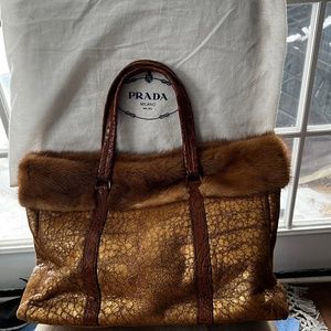 Prada Gold Distressed Sheepskin with Crocodile and Mink Tote Bag